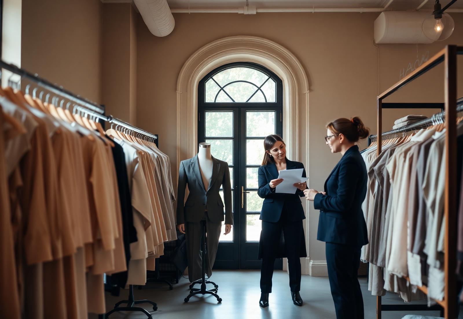 Fashion atelier with garment rails and a design team reviewing a collection