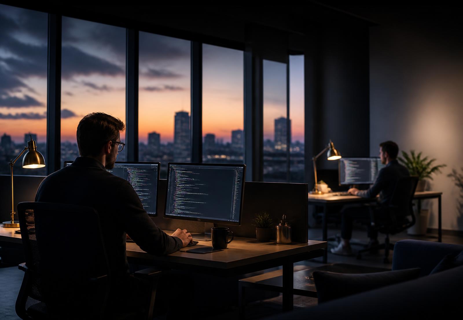 Technology team working late in a modern office